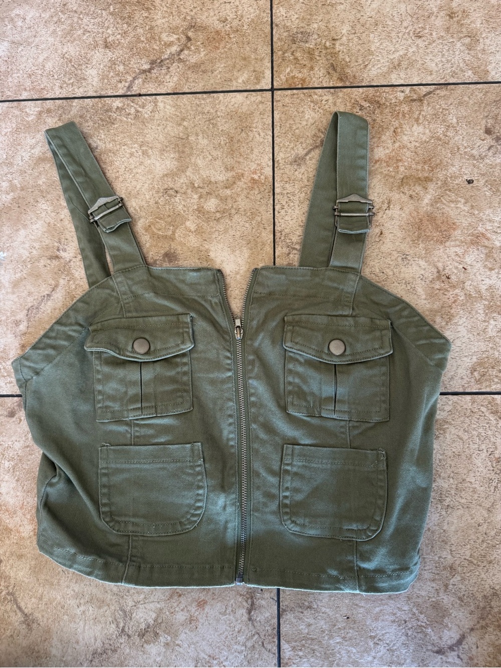 Adjustable Olive Utility Cotton Top with Front Zip